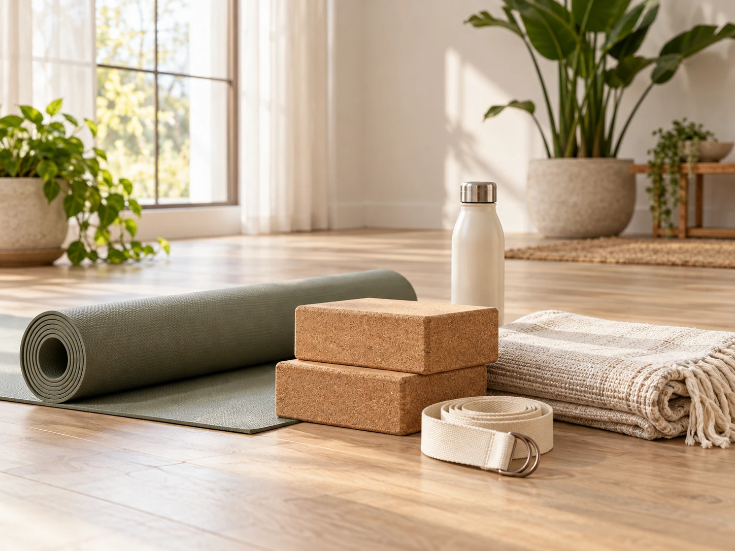 Tapete y accesorios listos para yoga en casa