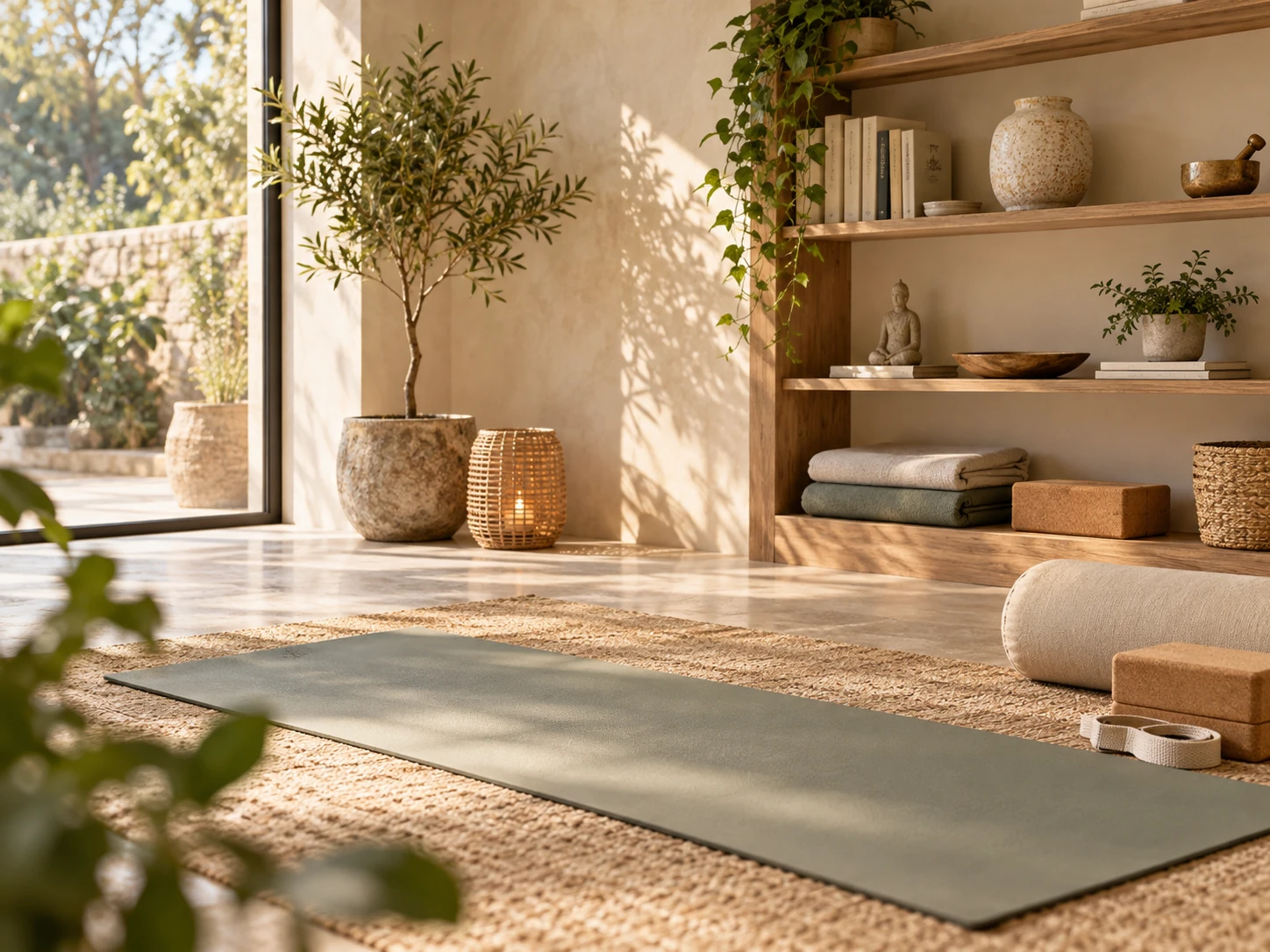 Detalle de accesorios de yoga en un espacio tranquilo